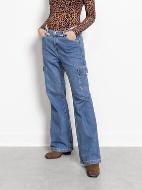 FLARED WIDE LEG Cargo Pocket Jeans Vintage 90's Baggy Slouchy / Medium / 43 Inch